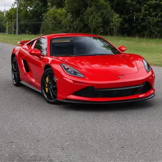 A bright red sports car parked on a gray asphalt road — the 
