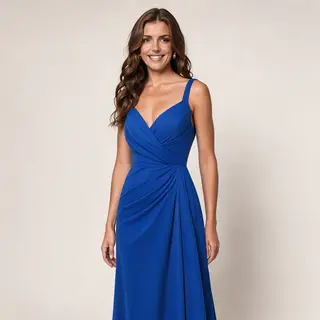 A woman wearing a royal blue evening dress against a neutral