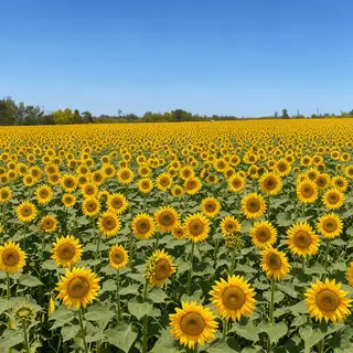 A field of pure sunflower yellow flowers under a clear blue 
