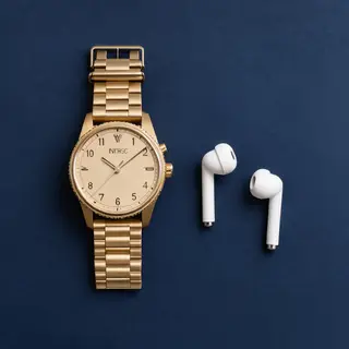 A product flat-lay on a #1A1A2E (deep dark blue) background,