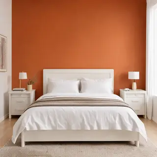 A bedroom wall painted in #FF6B35 (burnt orange) with white 