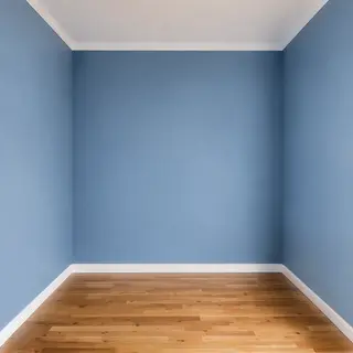 A room with walls in #4A90D9 (medium blue) with warm wooden 