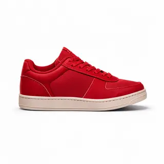 A single red sneaker on a clean white background with soft s