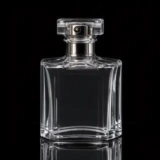A clear glass perfume bottle on a reflective black surface w