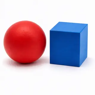 A red ball and a blue cube sitting side by side on a white s