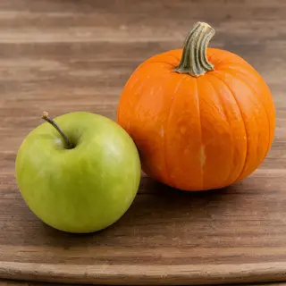 A green apple and an orange pumpkin on a wooden cutting boar