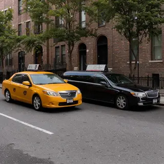 A yellow taxi and a black limousine parked next to each othe
