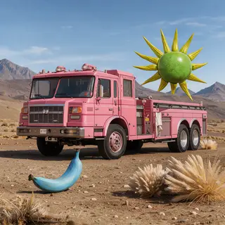A pink fire truck, a blue banana, and a green sun in a surre
