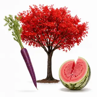A purple carrot, a red tree with red leaves, and a white wat