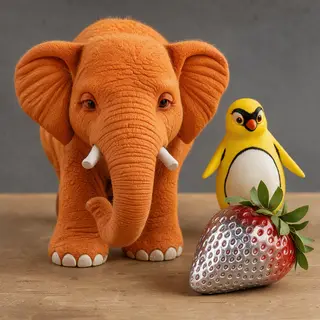 An orange elephant, a yellow penguin, and a silver strawberr