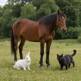 A big brown horse, a small white rabbit, and a medium-sized 