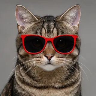 A tabby cat wearing oversized red sunglasses