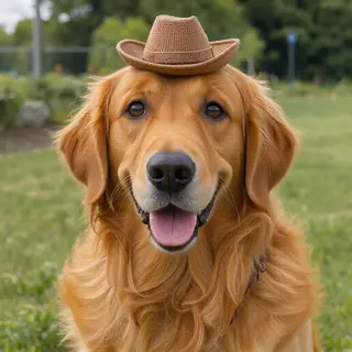 A golden retriever wearing a tiny cowboy hat