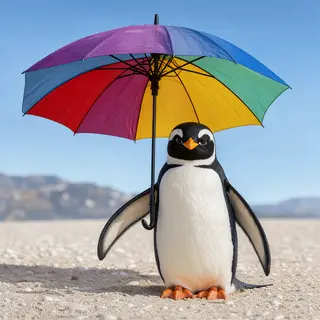 A penguin holding a colorful umbrella