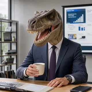 A dinosaur in a business suit giving a PowerPoint presentati