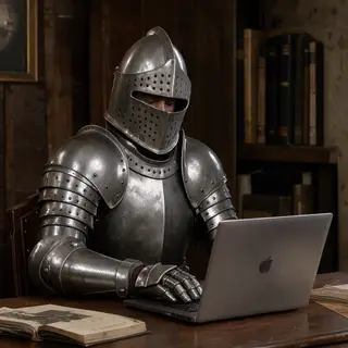 A medieval knight in full armor sitting at a desk typing on 