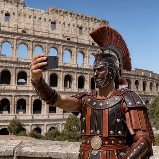 A Roman gladiator taking a selfie with a smartphone in the C