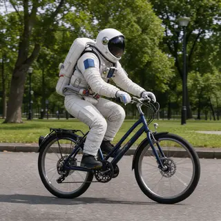 An astronaut in a spacesuit riding a bicycle through a park