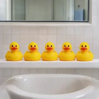 Exactly 5 yellow rubber ducks sitting in a row on a bathroom