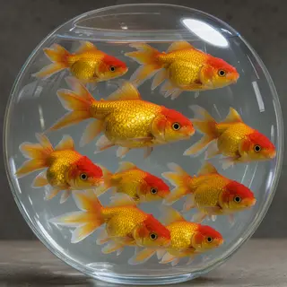 Exactly 9 goldfish swimming in a large round fishbowl