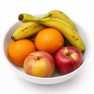 A fruit bowl containing exactly 3 bananas, 4 oranges, and 2 