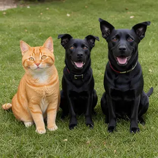2 orange cats and 3 black dogs sitting together on a grassy 