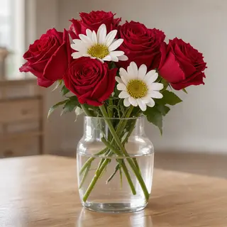 4 red roses and 2 white daisies in a glass vase on a table