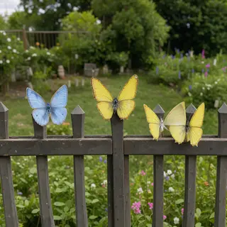 1 blue butterfly and 3 yellow butterflies resting on a garde