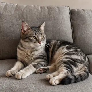 A cat lying on a couch without a collar