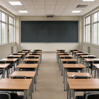 A classroom with desks and a chalkboard but no students