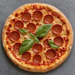 A pepperoni pizza with tomato sauce, basil, and crust but ab