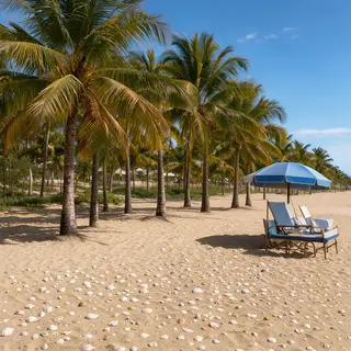 A sandy beach with palm trees, seashells, and a beach umbrel