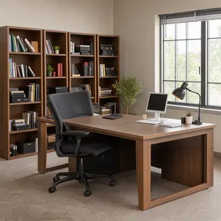 An office workspace with a desk, chair, bookshelf, and lamp 