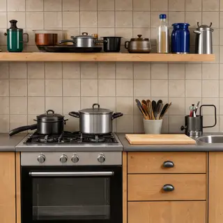 A kitchen with pots, pans, a stove, and a cutting board but 