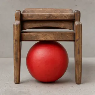 A red ball underneath a wooden chair