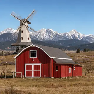 A landscape with a red barn in the foreground at large scale