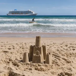 A beach scene with a sandcastle in the foreground, a surfer 