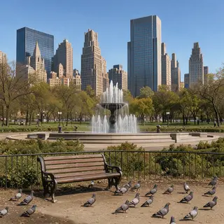 A city park with a park bench and pigeons in the foreground,