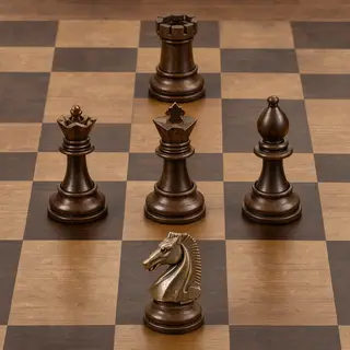 Five chess pieces on a board: a king in the center, a queen 