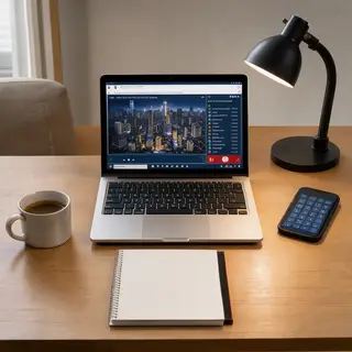 A desk scene: laptop in the center, coffee mug to the left, 