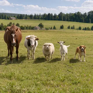 Five animals in a field: a horse on the far left, a cow to t