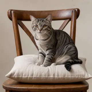 A cat sitting on a pillow, the pillow placed on a wooden cha