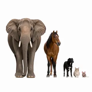 A group photo of an elephant, a horse, a dog, a cat, and a m
