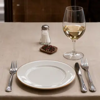 A dinner table scene with a plate, fork, knife, wine glass, 