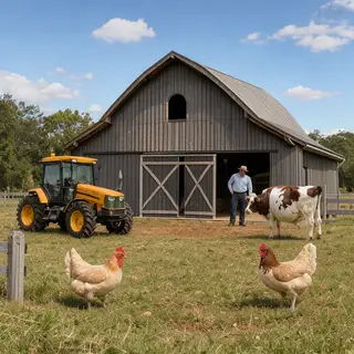 A farm scene with a barn, tractor, farmer, cow, chicken, and