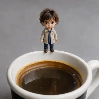 A tiny person standing on the rim of a coffee cup, looking d