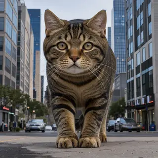 A giant tabby cat walking between city skyscrapers like a ka
