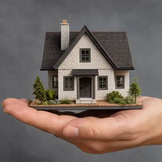 A miniature house sitting on the palm of someone's hand