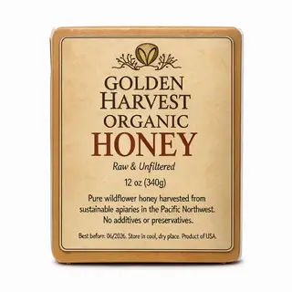 A product label for 'GOLDEN HARVEST ORGANIC HONEY' with subt