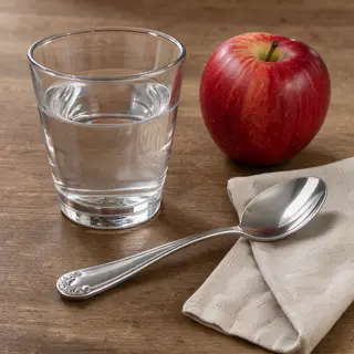 A still life on a wooden table featuring a clear glass of wa